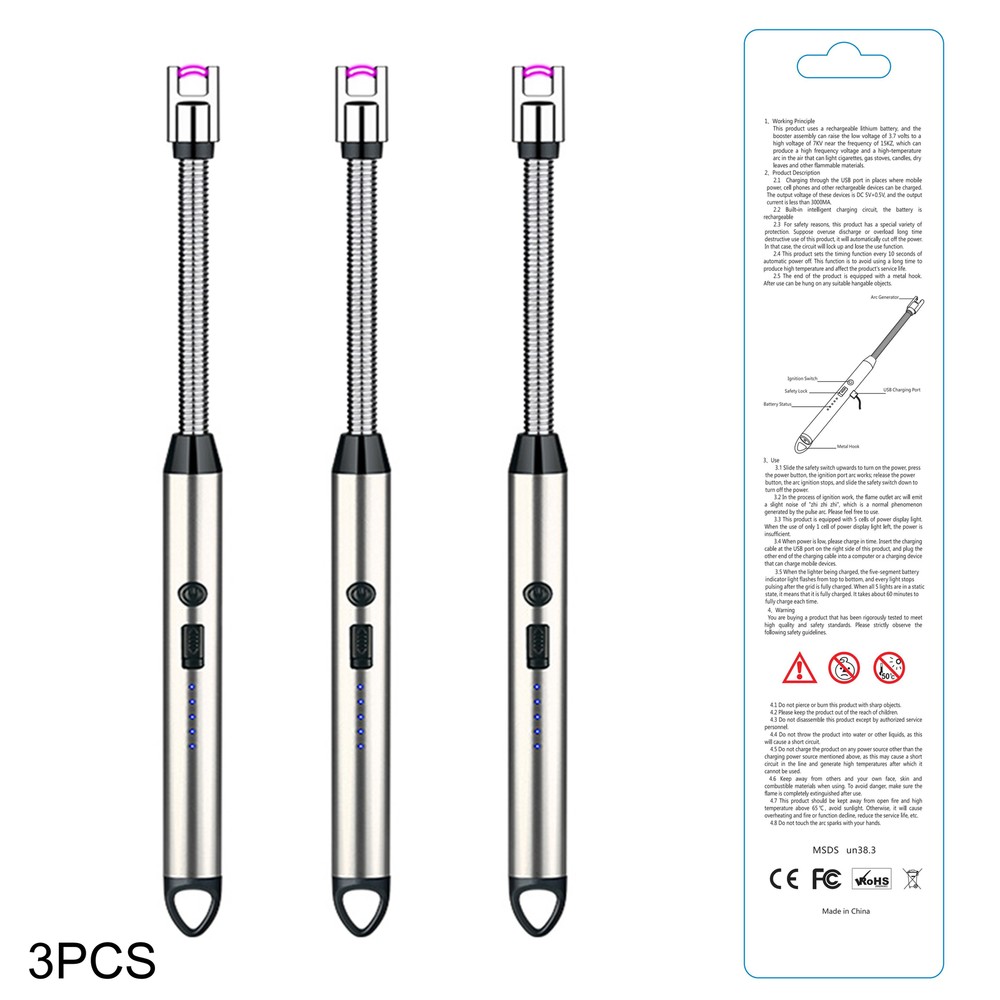 3pc Rechargeable Electric Lighters Kitchen Lighter, Windproof Candle BBQ Lighter
