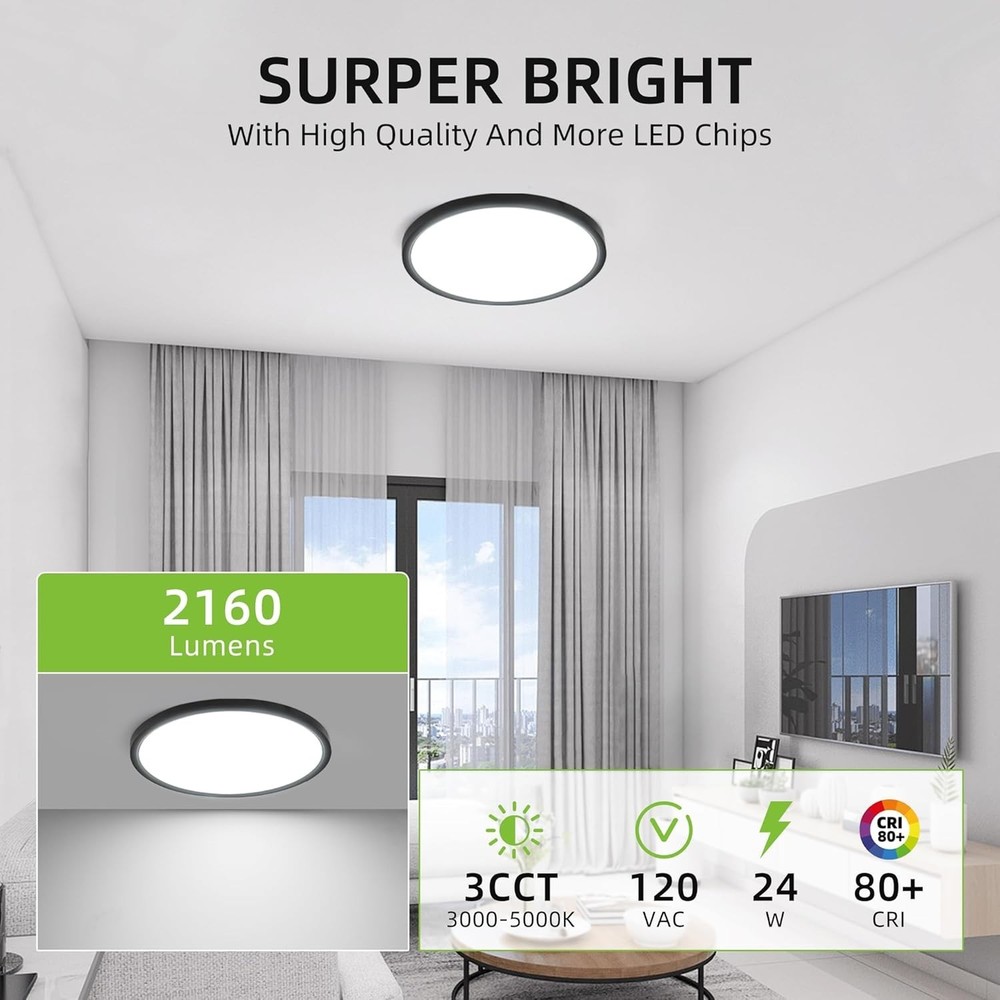 12 Inch LED Round Flat Panel Light - 3 Color Temperatures, 24W Flush Mount