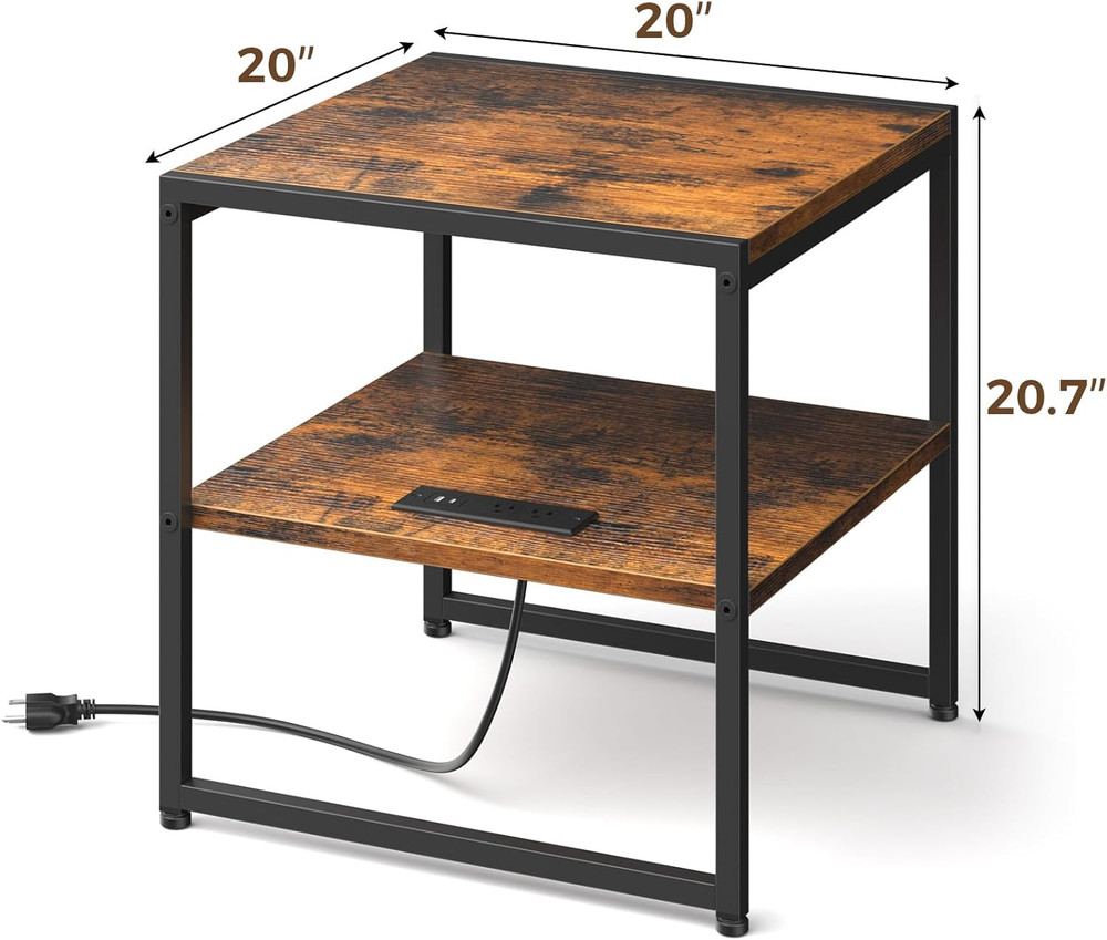 20IN End Table with Charging Station, Rustic Brown Square Side Table with USB Po