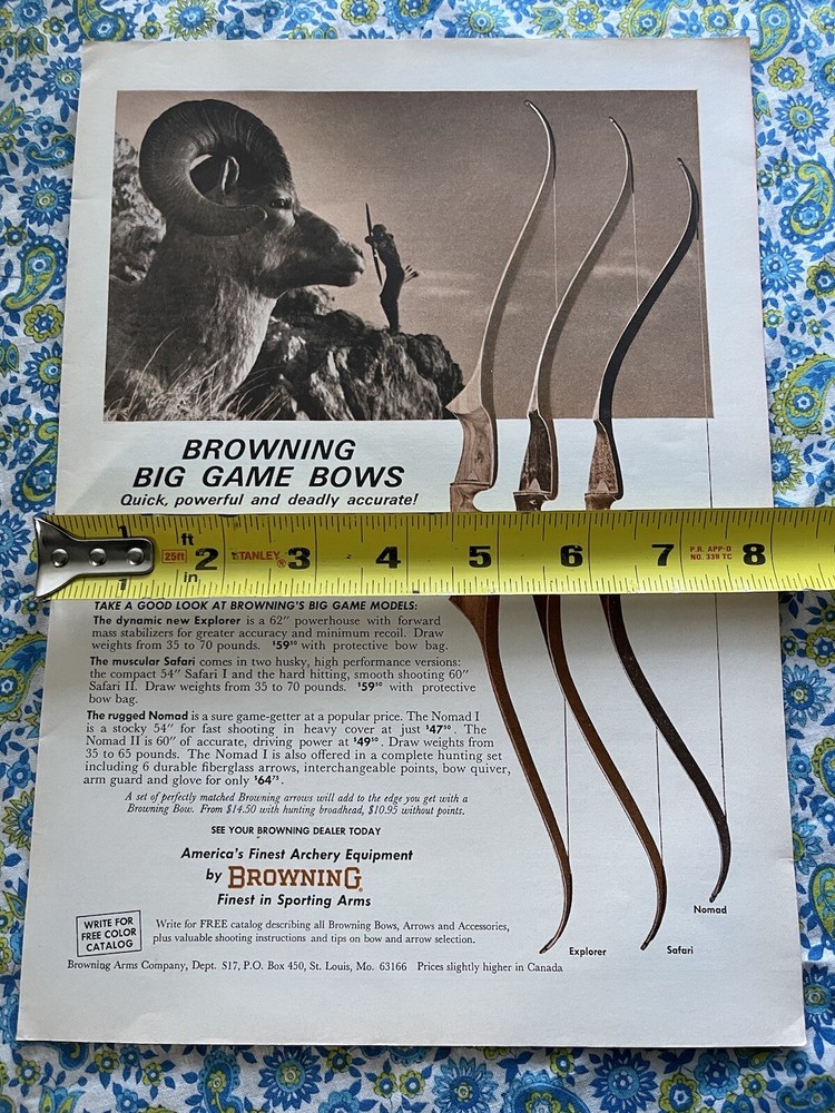 Browning 1966 Print Ad Bow Hunting Big Game Advertisement