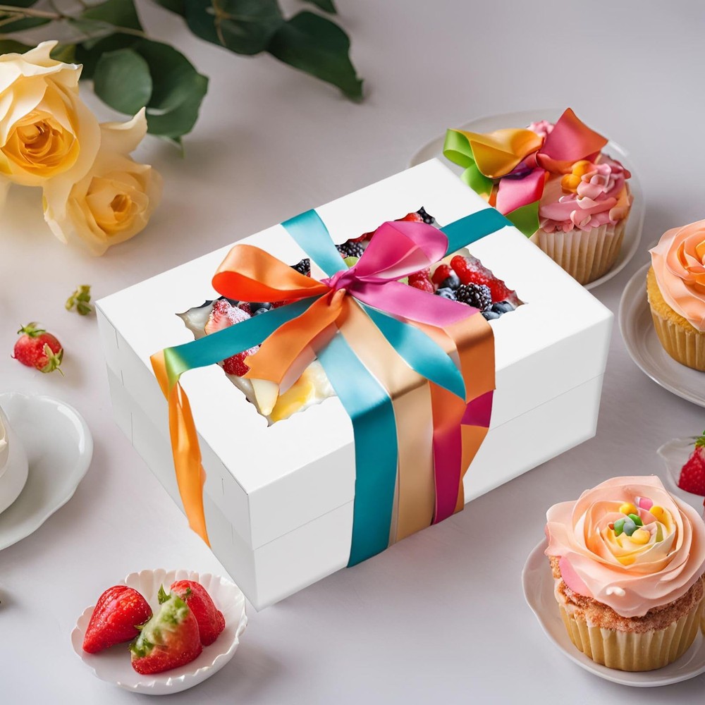 10pcs 14x10x6 Cake Boxes with Window Rectangle Quarter Bakery Boxes for Pastr...
