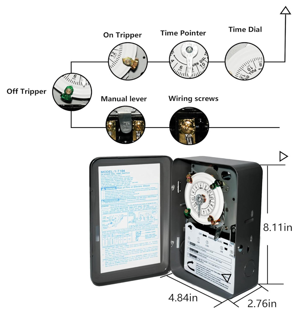 T104 Electromechanical Timer Switch, 40A Load Capacity, 1-12 Cycles Per Day