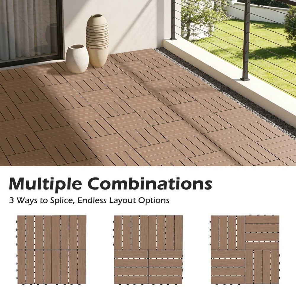 36Pcs HDPE Interlocking Deck,Waterproof Snap-Together w/Drainage Design,Brown