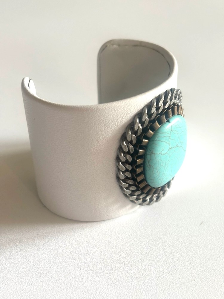 Turquoise Full Moon White Leather Cuff