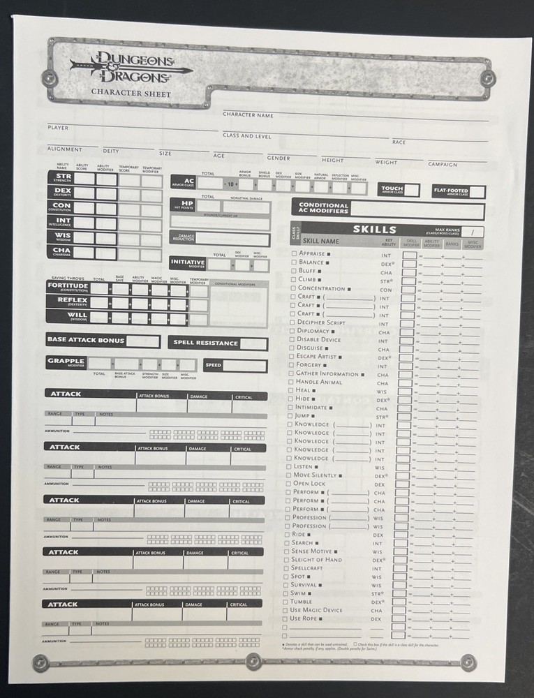 2004 Dungeons And Dragons Folder And Character Sheets. Folder Has Some Flaws