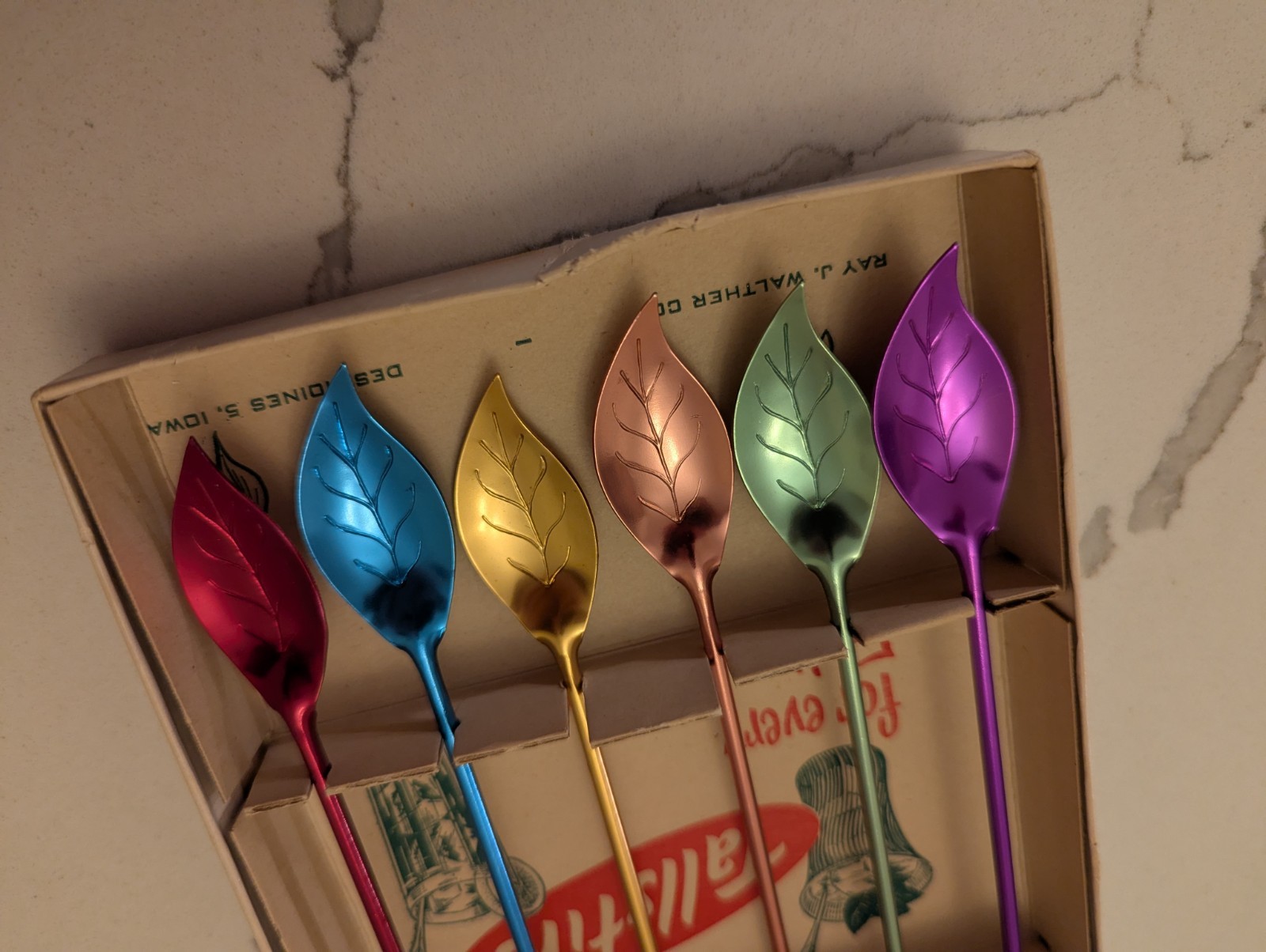 Tallstirs Aluminum Leaf Spoons MCM 1950s Original Box Bar Mid-century Modern