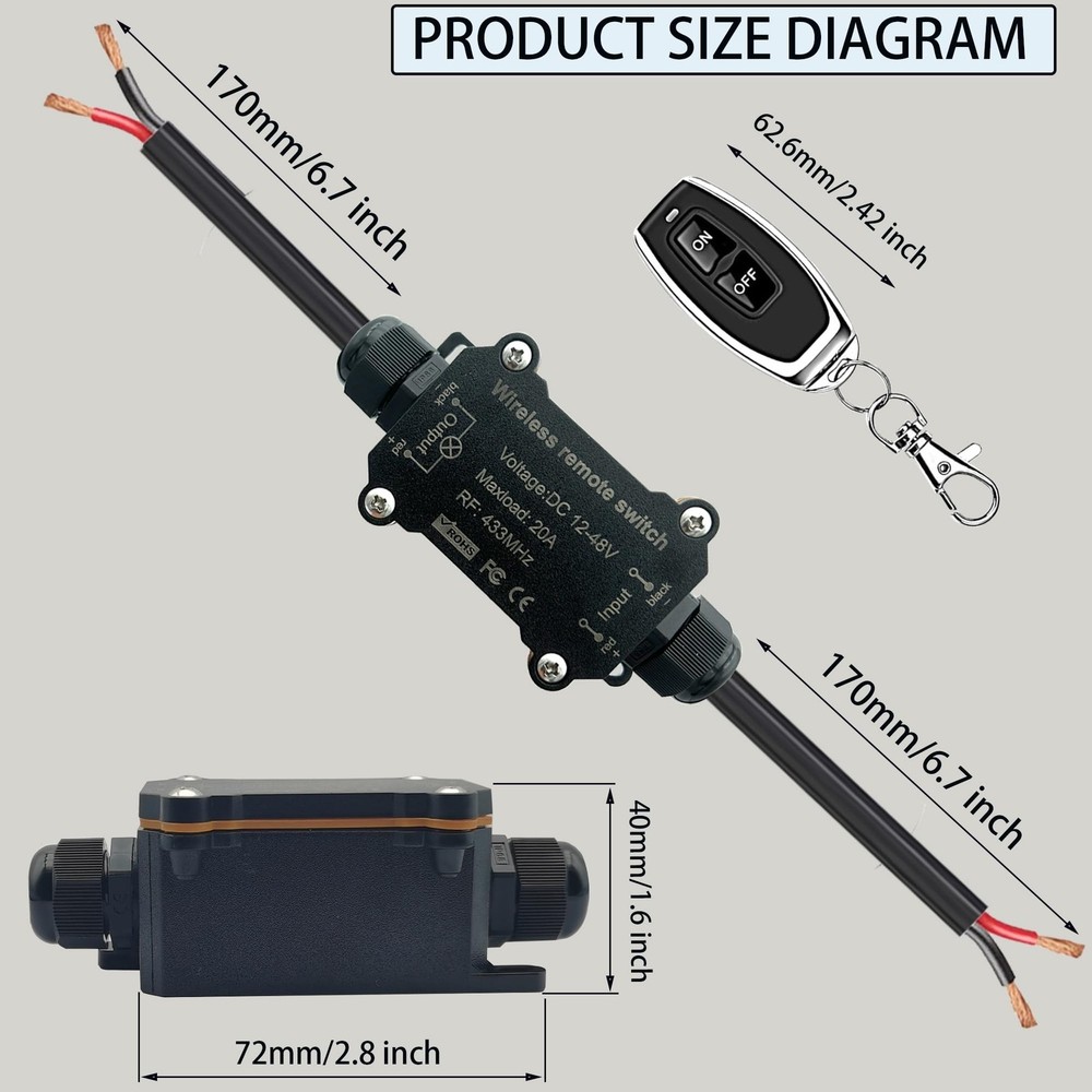 Remote Control Switch,Waterproof Switch DC 12/24/48 Volts 20A,Wireless 433 MH...