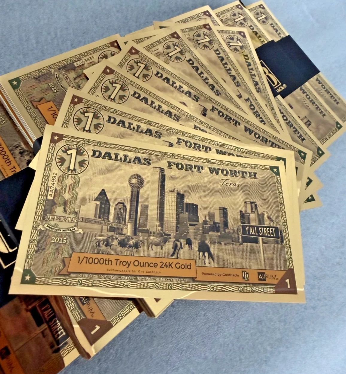 1 DALLAS FORT WORTH Goldback Aurum Gold Foil Note 1/1000 oz 24kt .999 Fine GOLD