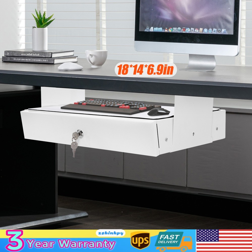 Under Desk Mounted Sliding Pull-out Storage Drawer With Computer Pad White USA