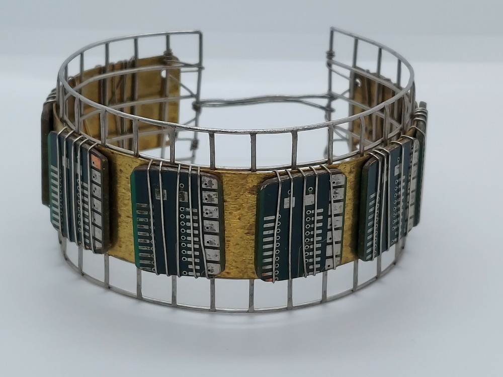 Artisan Computer Chip Bracelet Silver Tone Wire Brass  Cuff