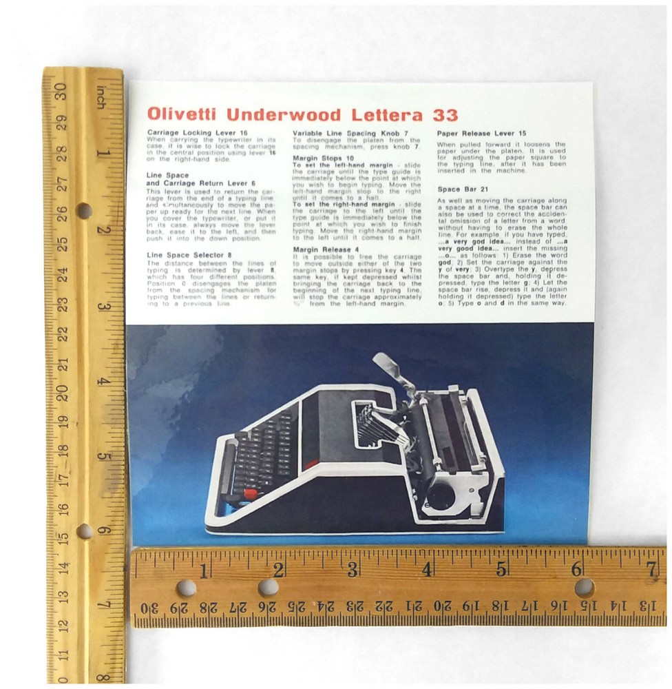 Olivetti Lettera 33 Typewriter Owner's User Instruction Card Guide