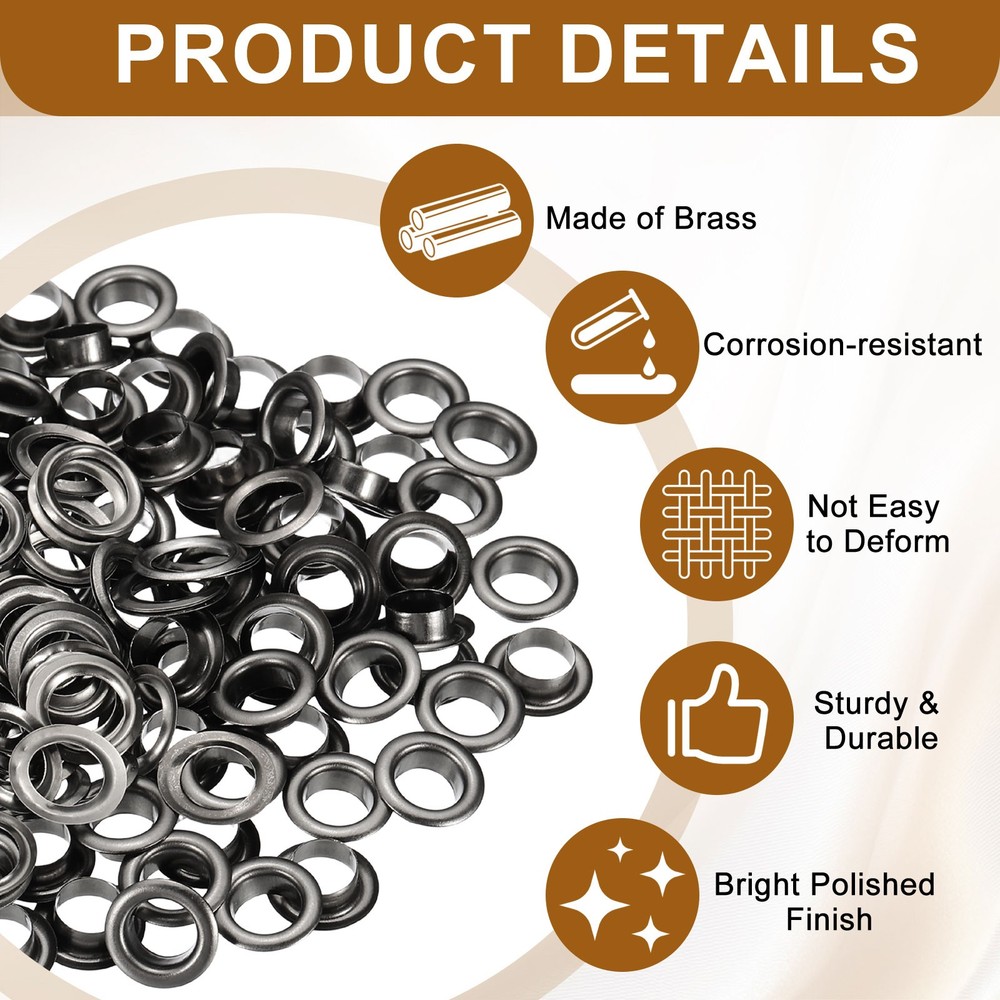 100 Grommets Eyelets Set, 6mm Brass Self-Forcing, Black