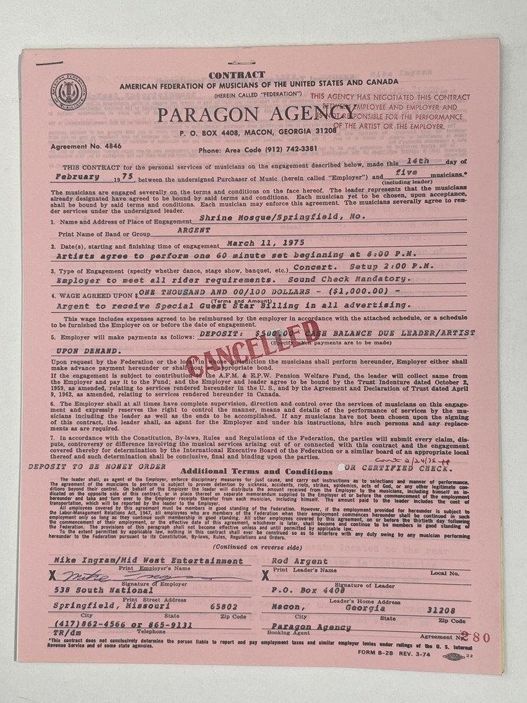Argent Cancelled Concert Contract 1975 Springfield MO