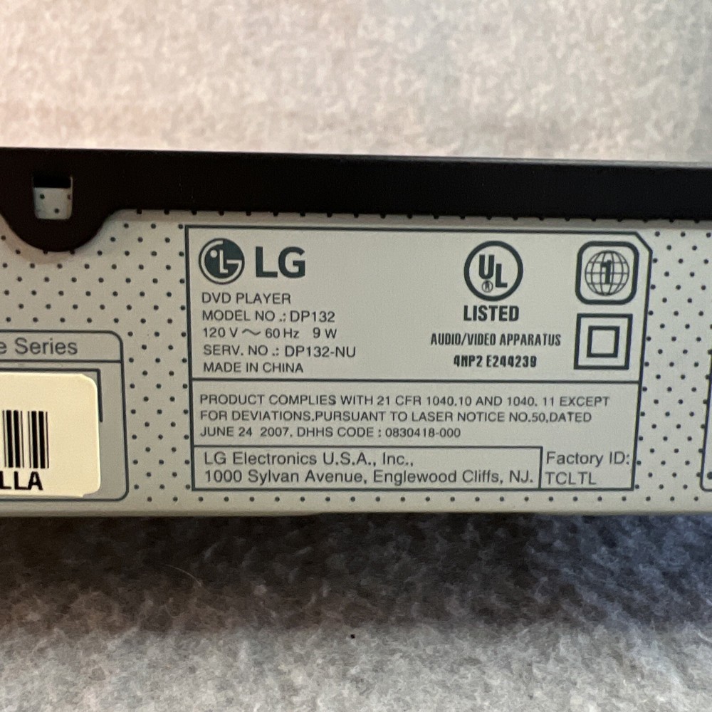 LG CD-DVD DP132 Player with Remote Control & A/V Chord Black Tested EUC