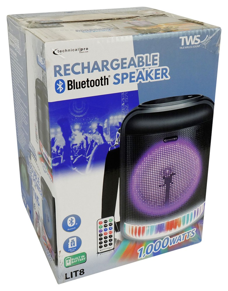 Technical Pro LIT8 Portable 8" Bluetooth LED Karaoke Machine System+Carry Strap