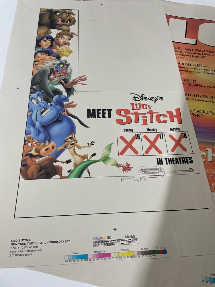 Lilo & Stitch Lot Printer Proof Tear Sheet Ad Pad Printer Proof Sheets B