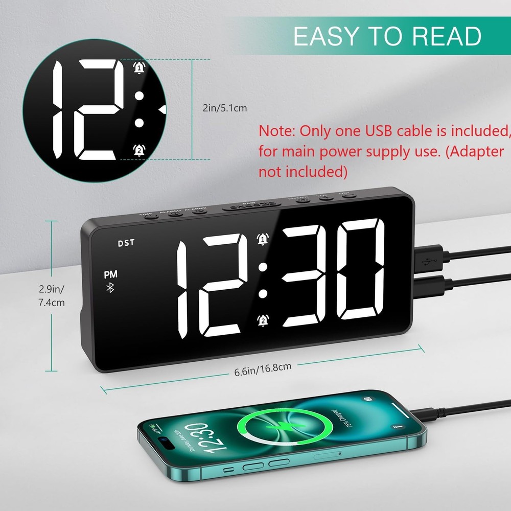 Digital Alarm Clock, LED Bedroom Clock with Bluetooth Sync Time, Auto Sync Ti...