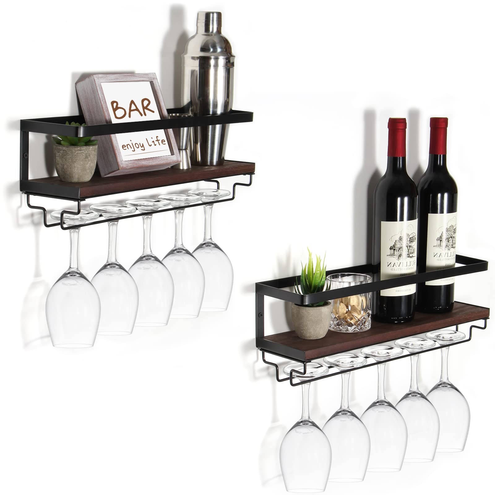 2 Pack Wall Mounted Wine Rack With Stemware Hanger Wall Mounted Wine Glass Rack