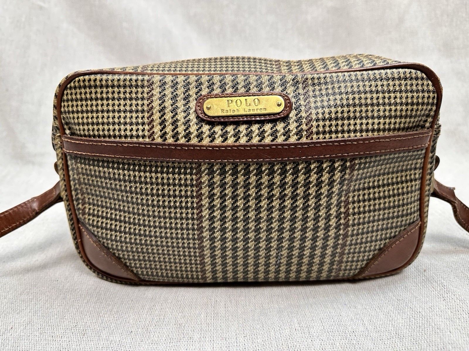 Vintage Polo Ralph Lauren Brown Russell Houndstooth Plaid Bag Leather 90s