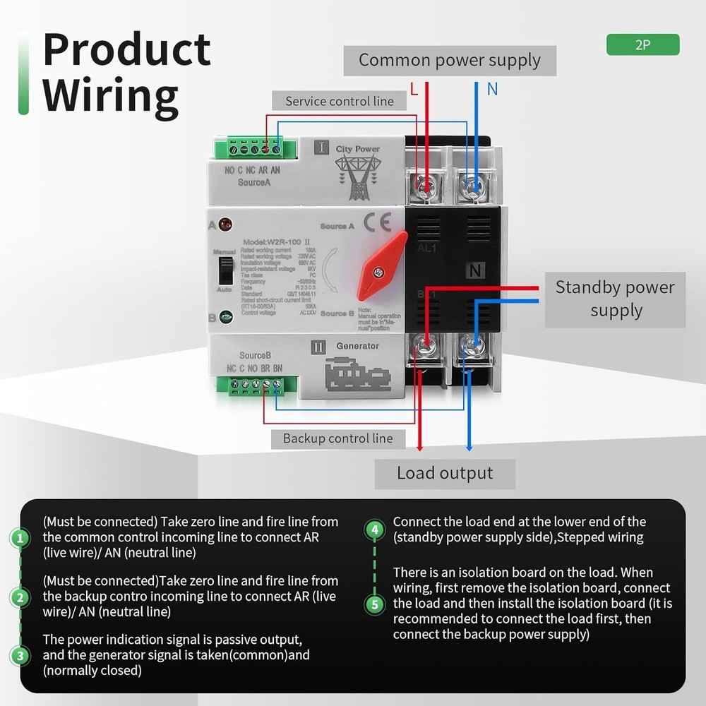 Versatile 2-Pole 100A ATS with Automatic Changeover for Safe Power Supply