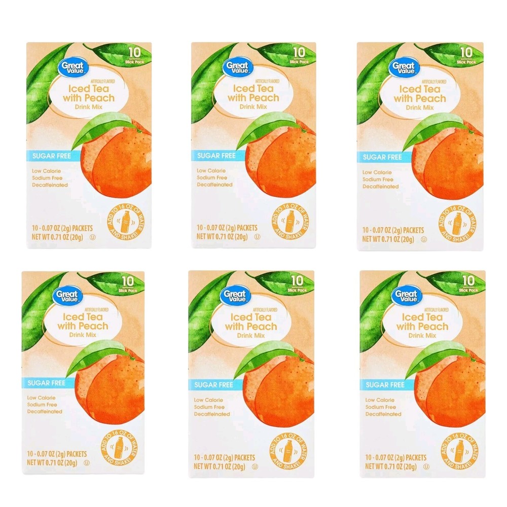 6 Boxes - Great Value Iced Tea with Peach Drink Mix Decaffeinated 60 Packets
