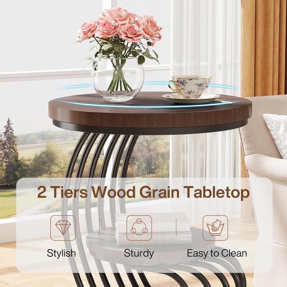 Round End Side Table: Side Table with 2 Tiers Storage Shelves