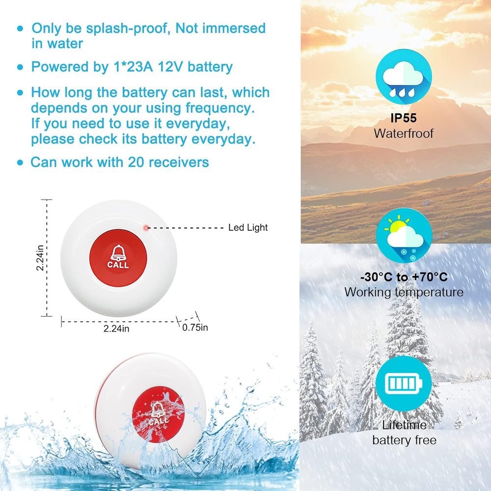 Wireless Caregiver Pager Waterproof Call Button Vibration Call Button for Elderl