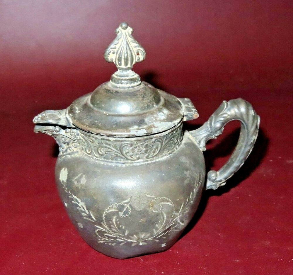 Antique Ornate Small Etched Silverplate Pitcher Teapot - As-Is - Poor Condition