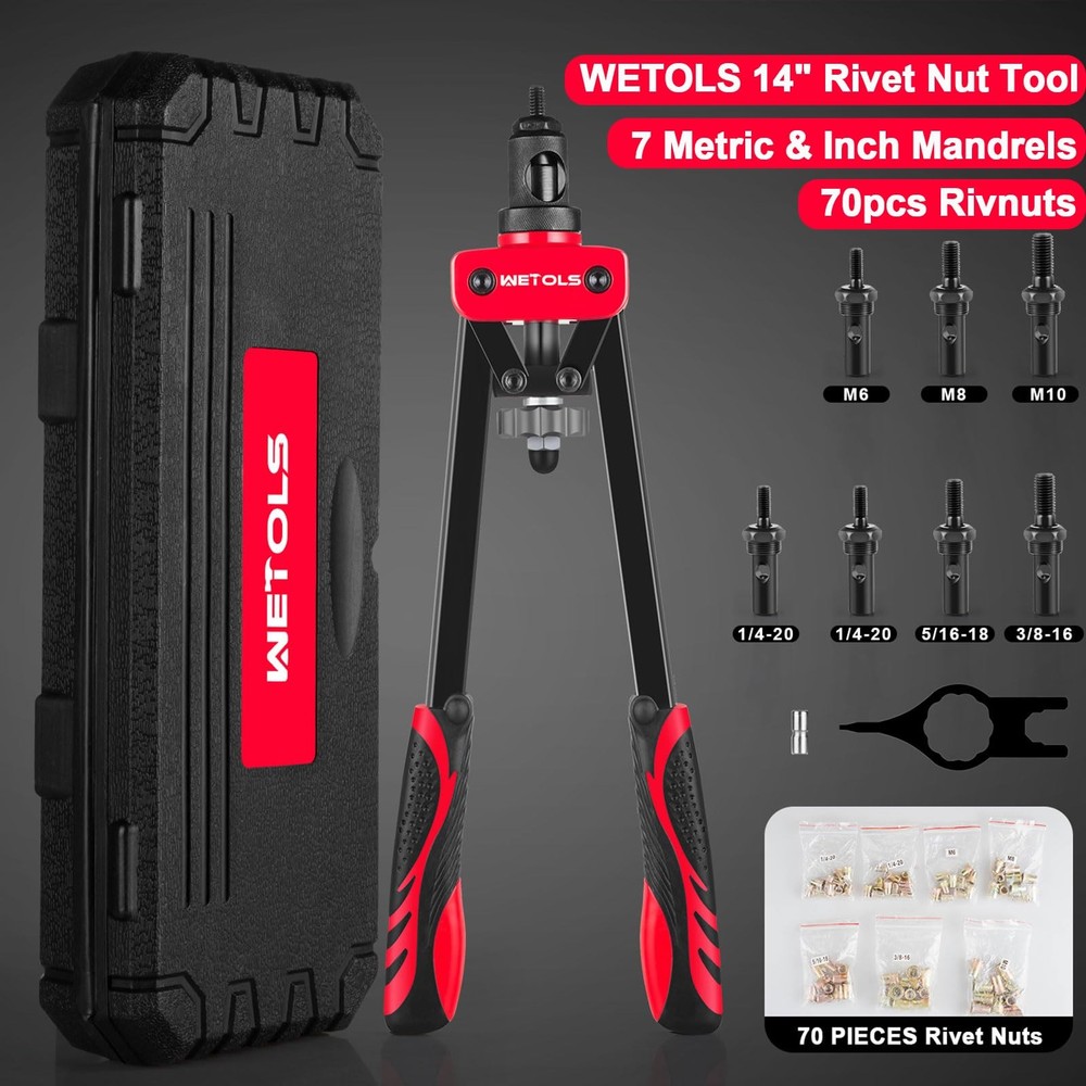 WETOLS Rivet Nut Tool Kit, 14-Inch 14" rivet nut tool with 7 mandrels, RED