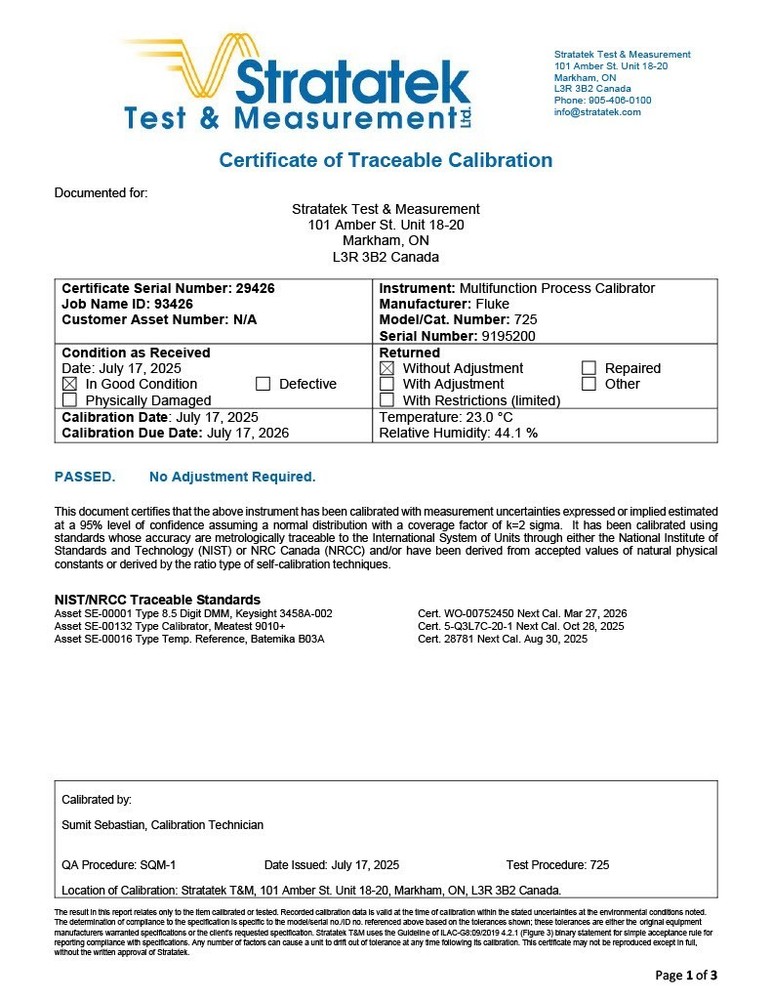 Fluke 725 Multifunction Process Calibrator - NIST Calibrated with Data