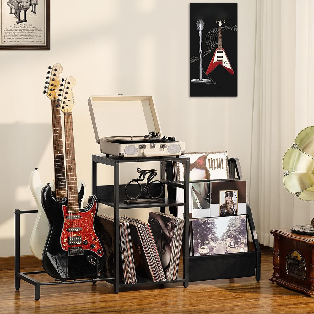 Adjustable Record Player Stand & Guitar Holder with Vinyl Storage Shelf