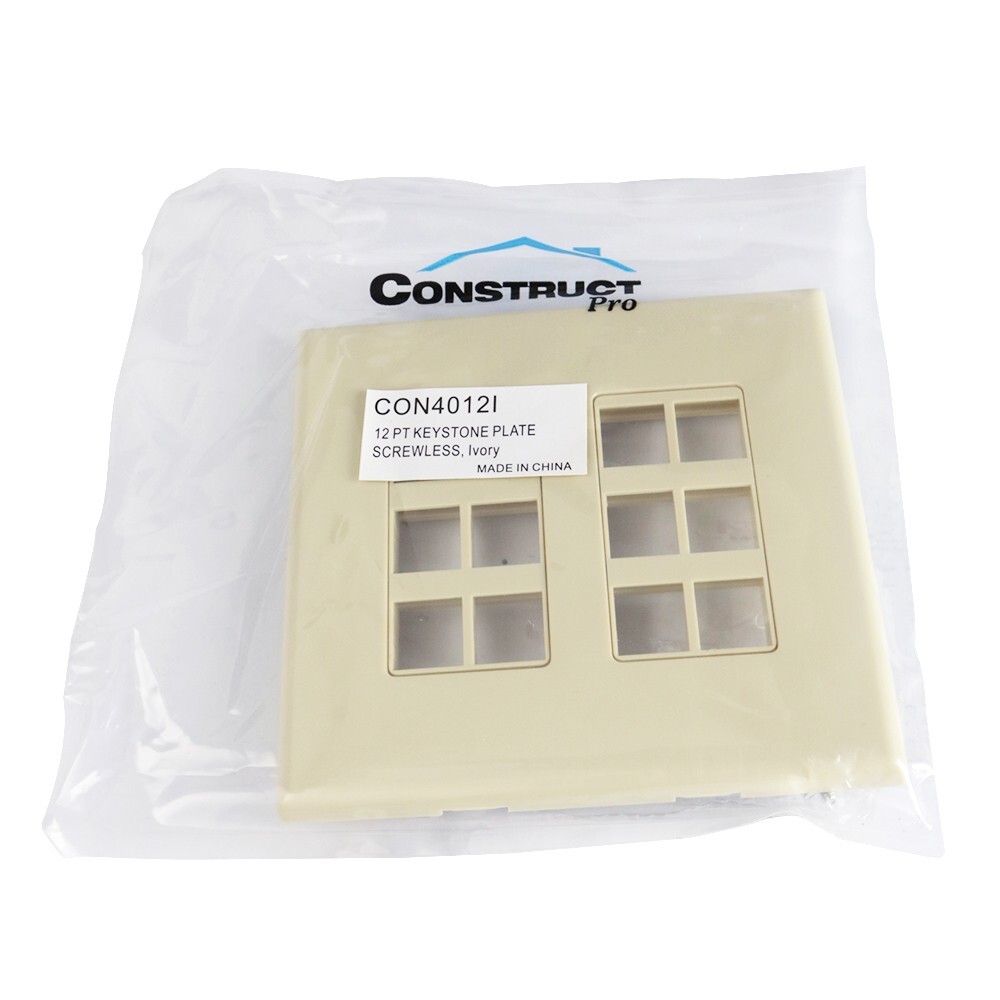 Construct Pro 12-Port Keystone Wall Plate with Screwless Face (Ivory)
