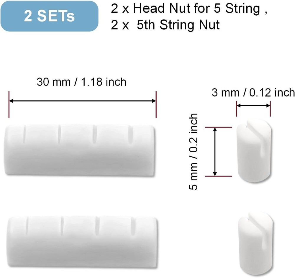 2-Pack Bone Banjo Nuts Set, 5th String Nut & Head Nut for 5 String Banjo, Pure B