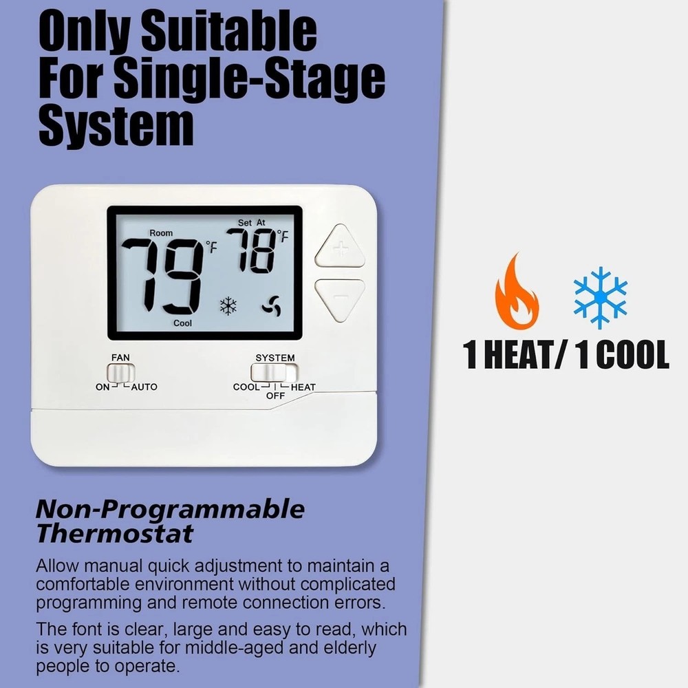 Non-Programmable Digital Thermostat for Single-Stage Systems, 1 Heat/1 Cool