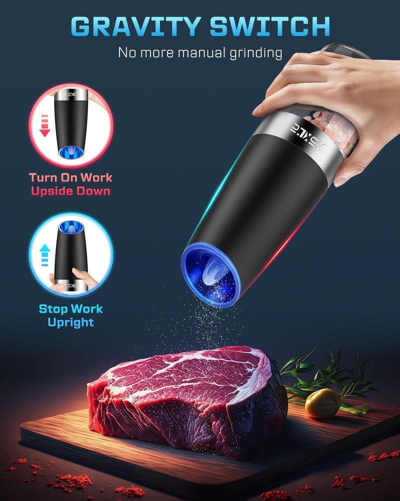 Elegant Black Gravity Sensor Electric Grinder Set - USB Rechargeable Spice Mill