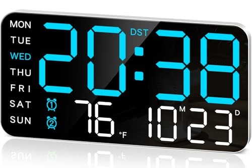 8.4''Large Digital Wall Clock, Led Alarm Clock with Big Digits, Date, Blue
