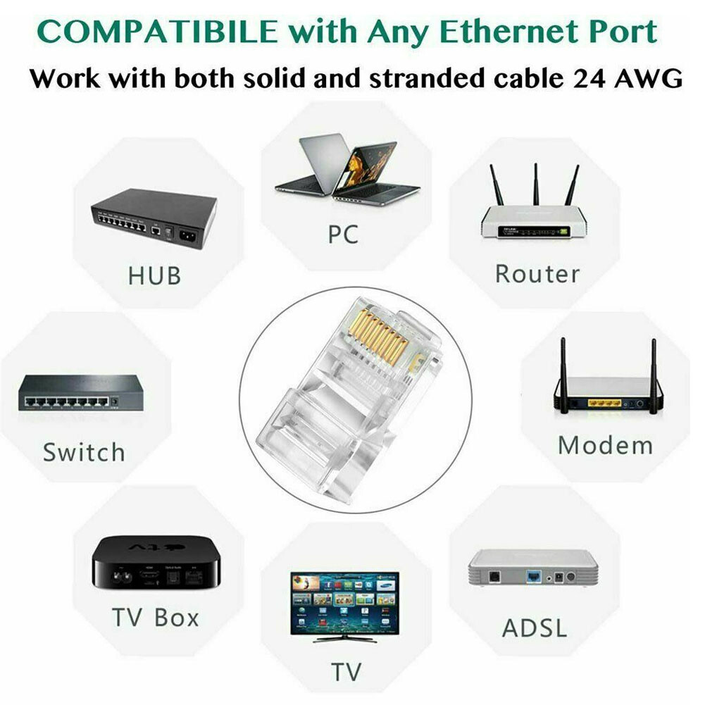 100 pcs RJ45 Pass Through Ethernet Modular Plug Cable Connector End 8P8C CAT6