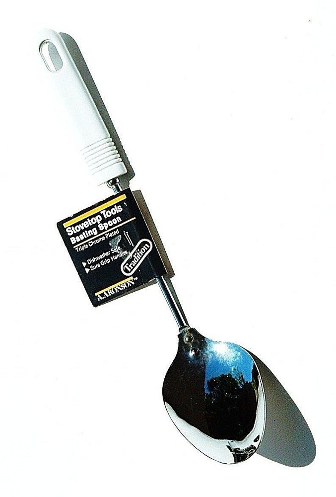 Aronson Basting Serving Spoon Triple Chrome Plated White Handle 12in