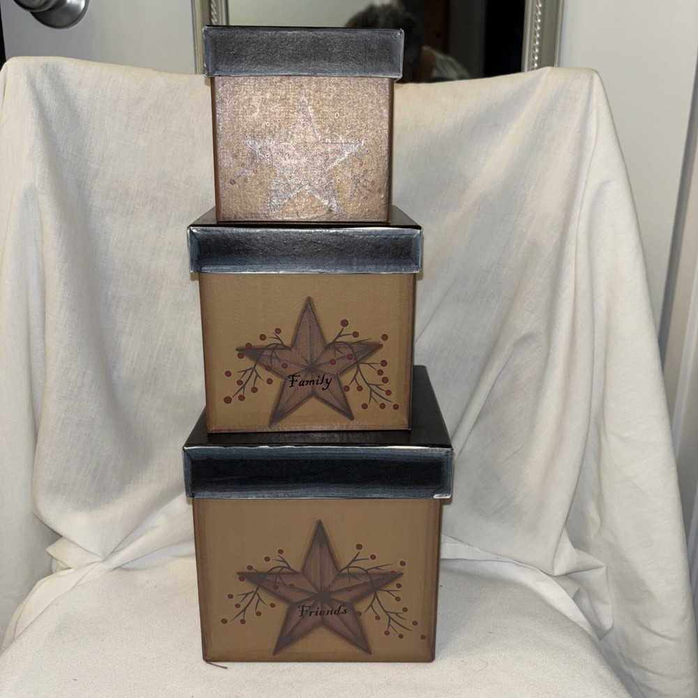 Americana Star Stackable Gift Boxes Cardboard Set (3) Multicolor Preowned