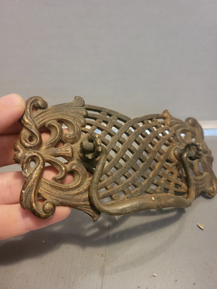 Antique Large Cast Brass Drawer Pull Scroll Victorian Patina Greco
