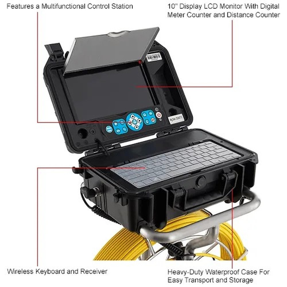 Pipe Inspection Camera, 10" Display, 200' Cable & Distance Counter