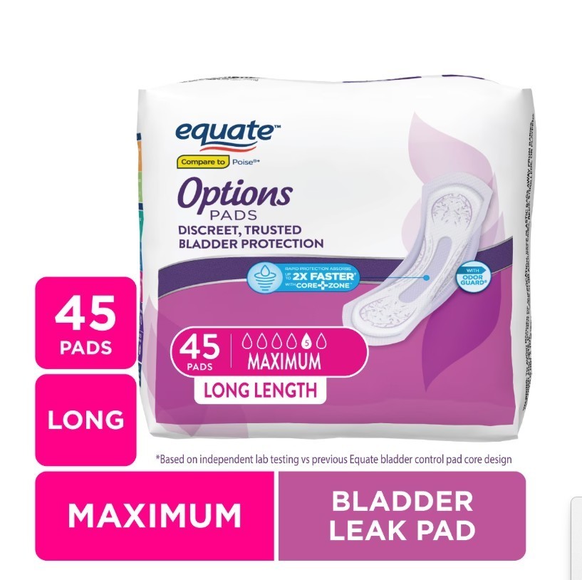 Equate Maximum Absorbency Bladder Control Pads Long Length Incontinence 45 Count