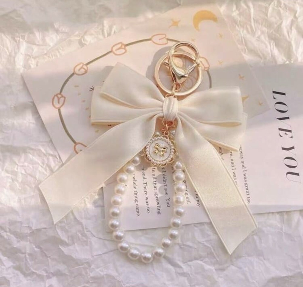 White Pearl Bow Keychain Bag Charm for Women