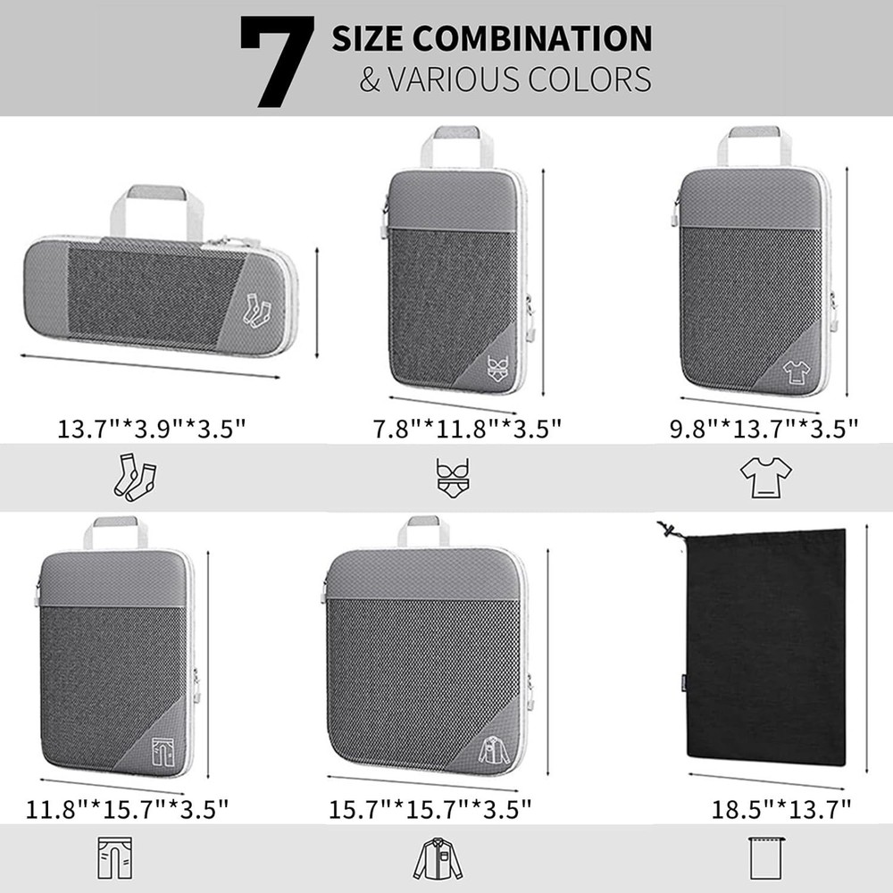 7pc Compression Packing Cubes, Luggage Travel Organizer Set, Grey