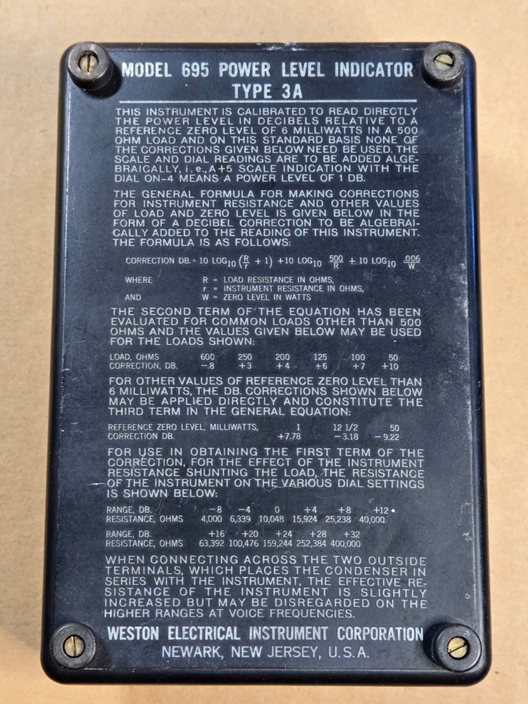 Weston Model 695 Type 3A Power Level Indicator Meter - Untested