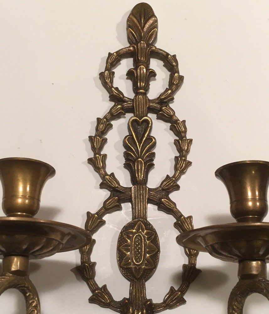 Large Ornate Brass Wall Sconce Two Candleholder