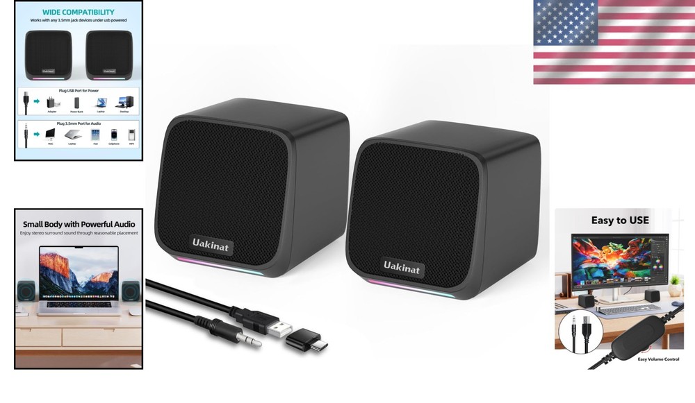 USB Powered Compact Computer Speakers with Touch Control & LED Light – Black