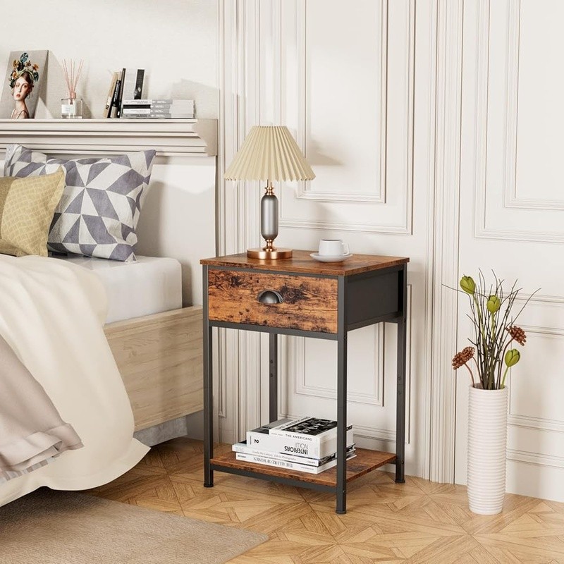Multi-functional Nightstand W/ Fabric Drawer & Open Shelves Sturdy Side Table US