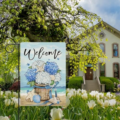 Welcome Spring Summer Beach Hydrangea Flower 12" x 18" Hydrangea Beach