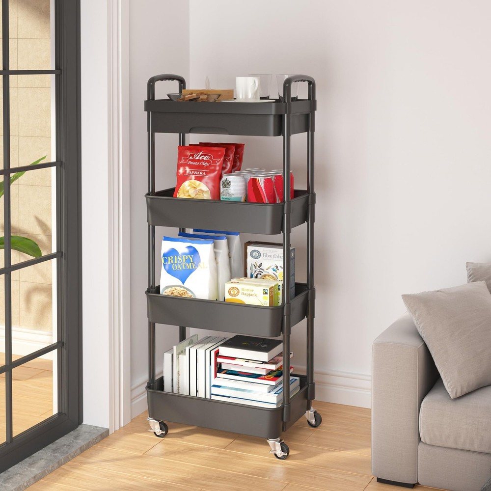 Calmootey 4-Tier Rolling Utility Cart with Drawer,Multifunctional Storage